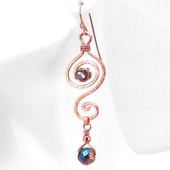Hammered Copper Double Swirls with Rainbow Crystals Earrings - Picture 2 of 3